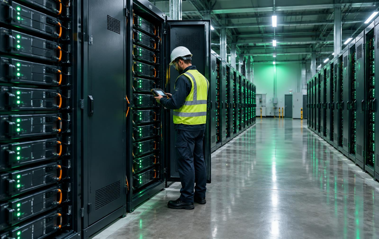 Technician inspecting racks of second-life battery modules in a commercial energy storage facility